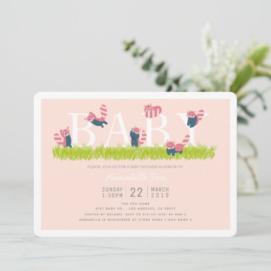 Red Panda Light Pink Baby shower Uitnodiging (Staand voorkant)