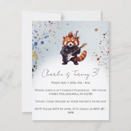 Red Panda Rocker Birthday Invitation (Devant)