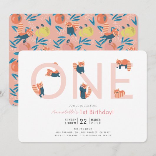 Red Panda Rose Girl 1er Invitation anniversaire (Devant / Derrière)