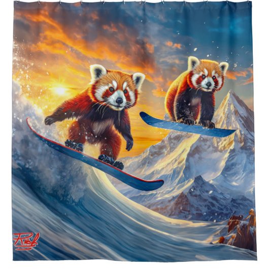 Red Pandas Snowboarden ontwerp van Rich AMeN Gill Douchegordijn (Voorkant)