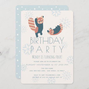 Red Pandas Snowflake Birthday Party Invitation Kaart