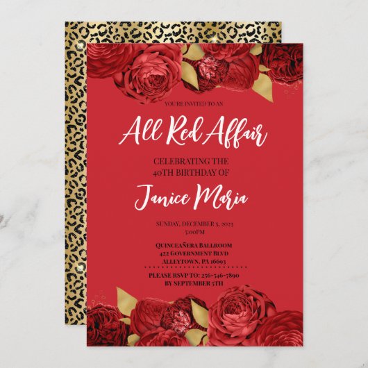 Red Party Leopard Invitation d'anniversaire (Devant / Derrière)