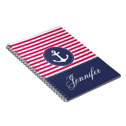 Red Pattern Blue Anchor Persoonlijke naam Notitieboek (Rechterzijde)