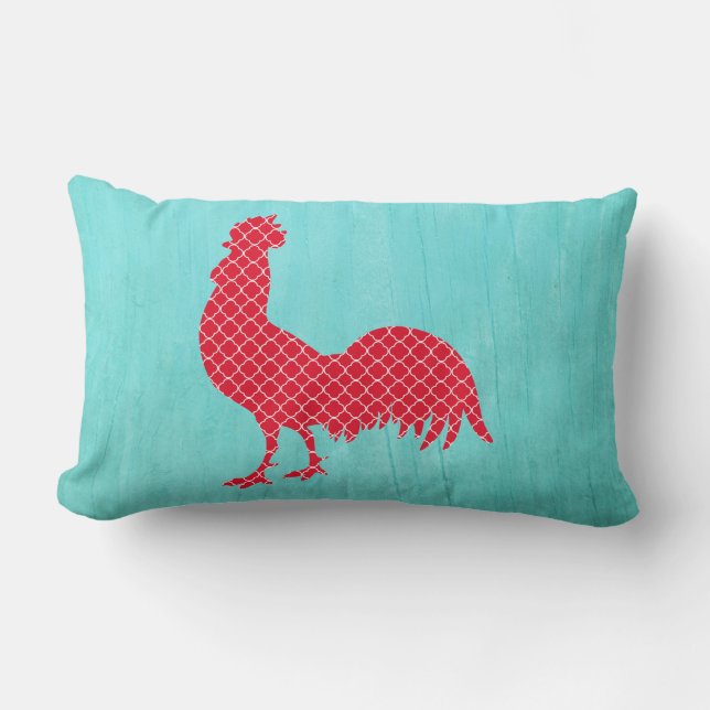 Red Patterned Rooster Silhouette Kussen (Voorkant)