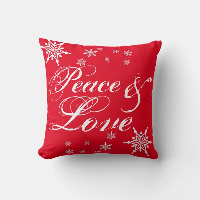 Red "Peace & Love" White Script Snow Flakes Kussen (Voorkant)