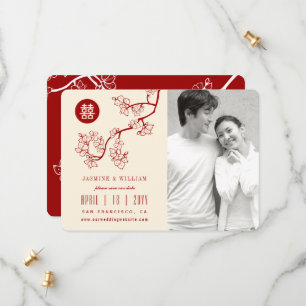 Red Peach bloesems Chinese Double Happiness Foto Save The Date