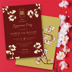 Red Peach/Plum Blossom Chic Floral Asian Wedding Kaart