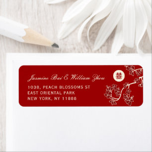 Red Peach/Plum Blossom Double Happiness Address Etiket
