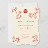 Red Peach/Plum Blossom Double Happiness Wedding Kaart (Voorkant)