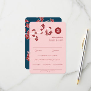 Red Peach/Plum Blossom Double Happiness Wedding RSVP Kaartje
