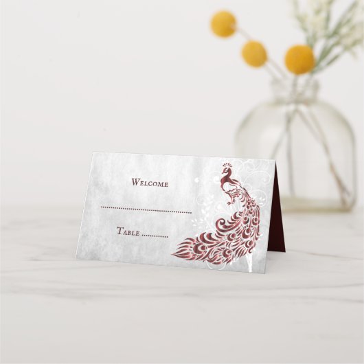 Red Peacock Leaf Vine Reception Place Card (Voorkant)