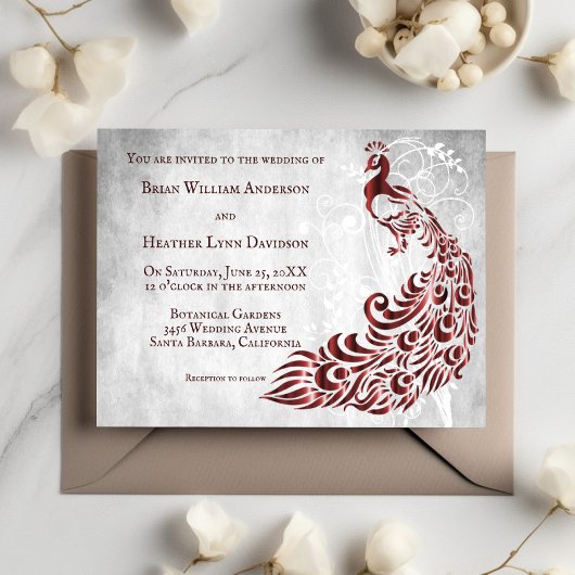 Red Peacock Leaf Vine Wedding Invitation Kaart