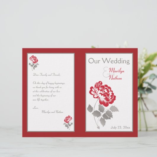 Red Peony op White met Taupe Wedding Programme (Staand voorkant)