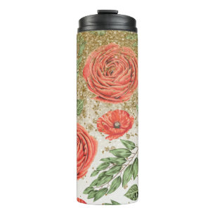 *~* Red PEONY POPPY Gold Glitter Floral Thermosbeker