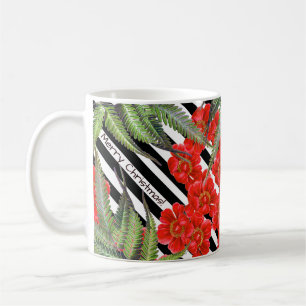 Red Peony Roos Flowers Striped Merry Kerstmis Mok
