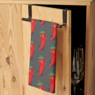 Red Pepper Diva Cartoon Patroon op grijs Theedoek