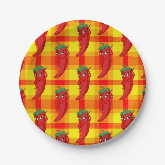 Red Pepper Diva Oranje Yellow Plaid Pattern Papieren Bordje (Voorkant)