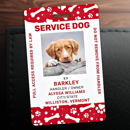 Red Personalized Paw Prints Service Dog Foto ID Badge