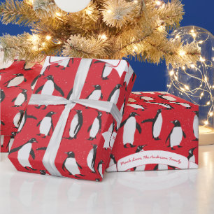Red Personalized Penguin Patroon Cadeaupapier