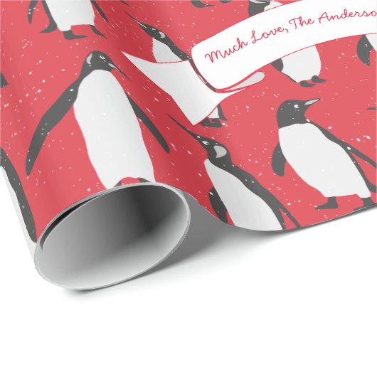 Red Personalized Penguin Patroon Cadeaupapier (Rol Hoek)