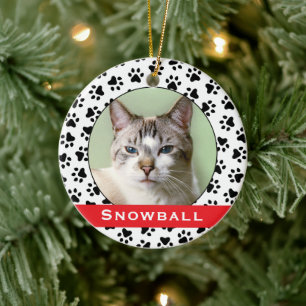 Red Pet Paw Drukt Aangepaste kattennaam Foto Keramisch Ornament