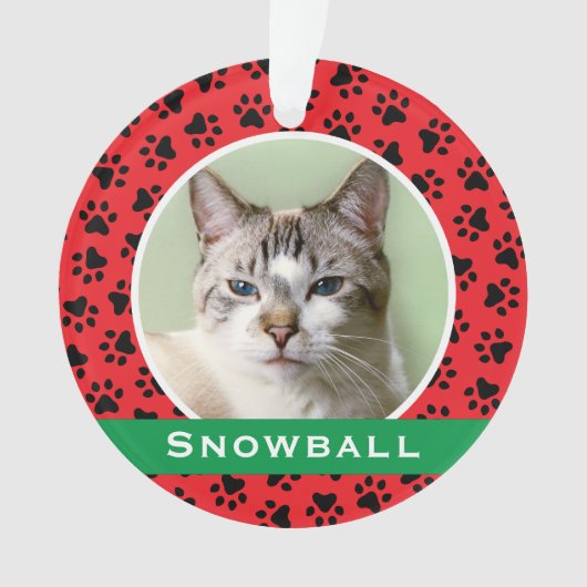 Red Pet Paw Drukt Aangepaste kattennaam Foto Ornament (voorkant)