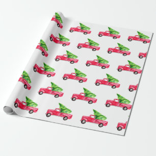 Red Pickup Truck Kerstboom Waterverf Cute Cadeaupapier