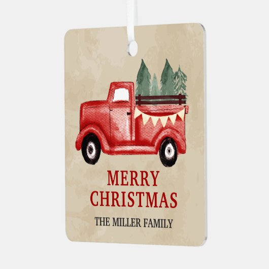 Red Pickup Truck Kerstmis Metalen Ornament (Voorkant links)