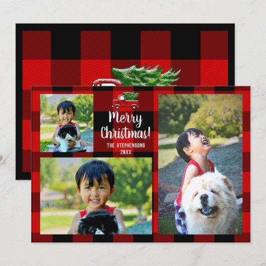 Red Pickup Truck Rustic Country Kerstmis 3 Foto Kaart (Voorkant / Achterkant)