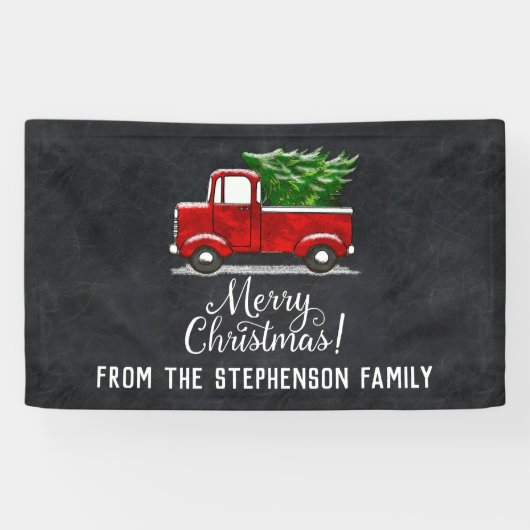 Red Pickup Truck Tree Merry kerst Land Spandoek (Horizontaal)