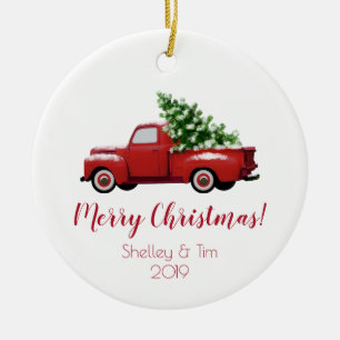  Red Pickup Truck   Vrolijk kerstfeest Keramisch Ornament