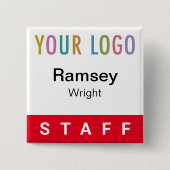 Red Pinback Staff Badge Event Logo Nom du Carré (Devant)