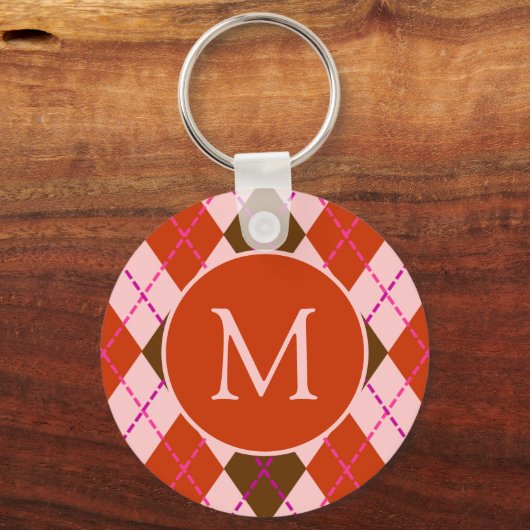 Red Pink and Brown Argyle Pattern Monogram Sleutelhanger (Achterkant)