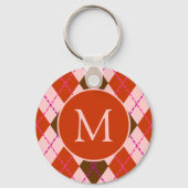 Red Pink and Brown Argyle Pattern Monogram Sleutelhanger (Achterkant)