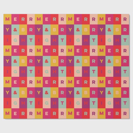 Red Pink Aqua Yellow Merry and Bright Checkers Cadeaupapier (Vlak)