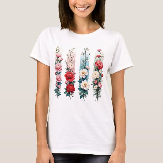 RED PINK BLUE WHITE WILDFLOWERS T-SHIRT (Voorkant)