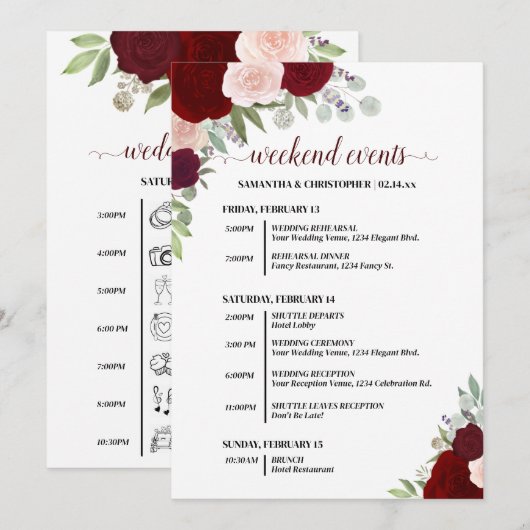 Red & Pink Boho Roses Wedding Events & Timeline Programma (Voorkant / Achterkant)