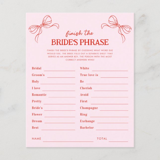 Red & Pink Bow Finish the Bride's Phrase Game (Voorkant)