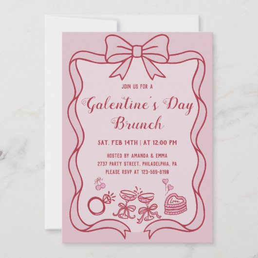 Red Pink Bow Galentine's Day Brunch Party Kaart (Voorkant)