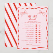 Red Pink Bow He Said She Said Bridal Shower Game Kaart (Voorkant / Achterkant)