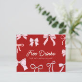 Red Pink Coquette Bow Free Drinks Save the Date Aankondigingskaart (Staand voorkant)