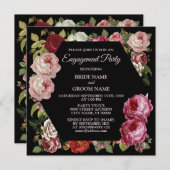 Red Pink Floral Greenery Black Engagement Party Kaart (Voorkant / Achterkant)