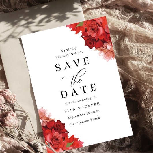 Red & Pink Floral Wedding Save The Date