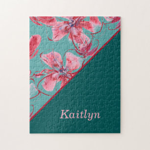 Red Pink Flowers Monogramed Green Ombre Gradient Legpuzzel