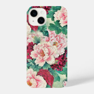 Red Pink Peonies & Green Leaves Pattern iPhone 14 Hoesje