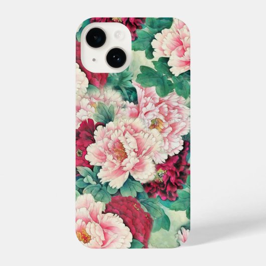 Red Pink Peonies & Green Leaves Pattern iPhone Hoesje (Achterkant)
