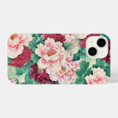 Red Pink Peonies & Green Leaves Pattern iPhone Hoesje (Achterkant horizontaal)