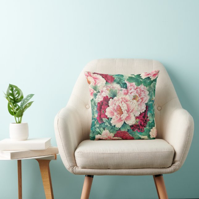 Red Pink Peonies & Green Leaves Pattern Kussen (Stoel)