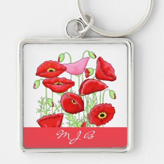 Red Pink Poppies Art aangepast monogram op maat Sleutelhanger (Voorkant)