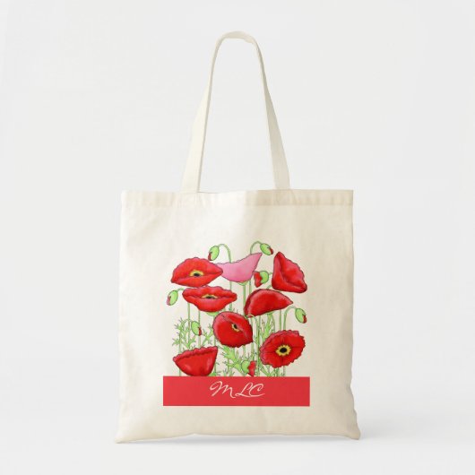 Red Pink Poppies Art aangepast monogram op maat Tote Bag (Voorkant)